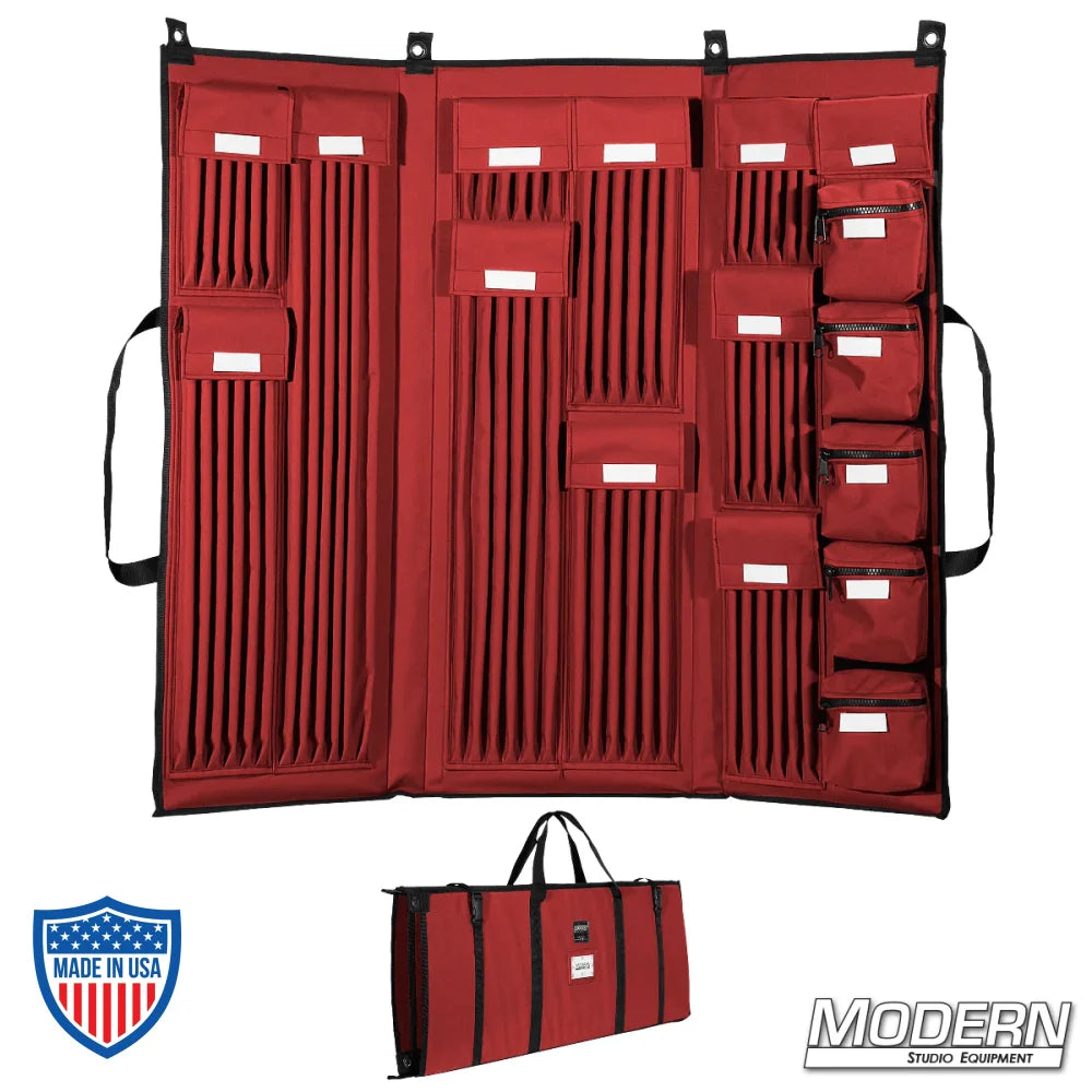 3 Fold Deluxe 5/8" Rod Bag in red with multiple compartments for film grip rigging tools.