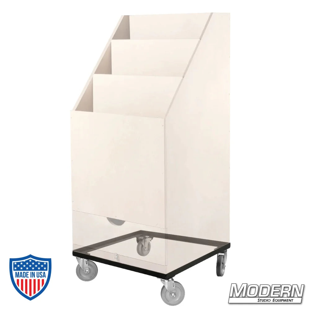 Rolling base for 3-place scrim and flag box, designed for modern version, ideal for film grip and rigging needs.