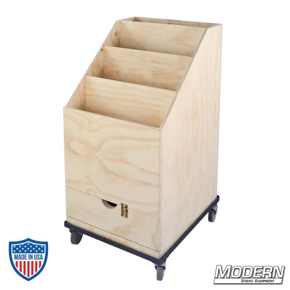 Wooden 3-place scrim and flag box with drawer on casters for film grip and rigging equipment storage.
