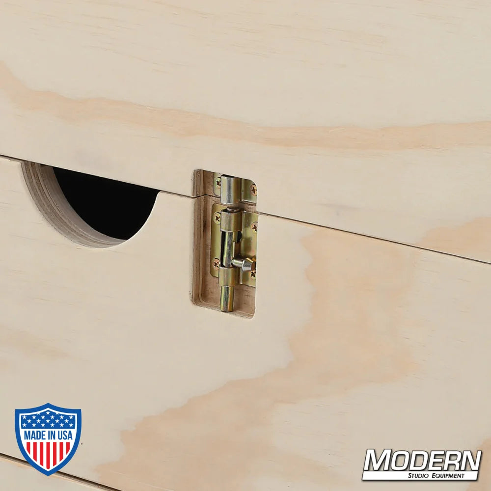 Wooden 3-Place Scrim and Flag Box with drawer, designed for film grip rigging, featuring secure latch and durable build.