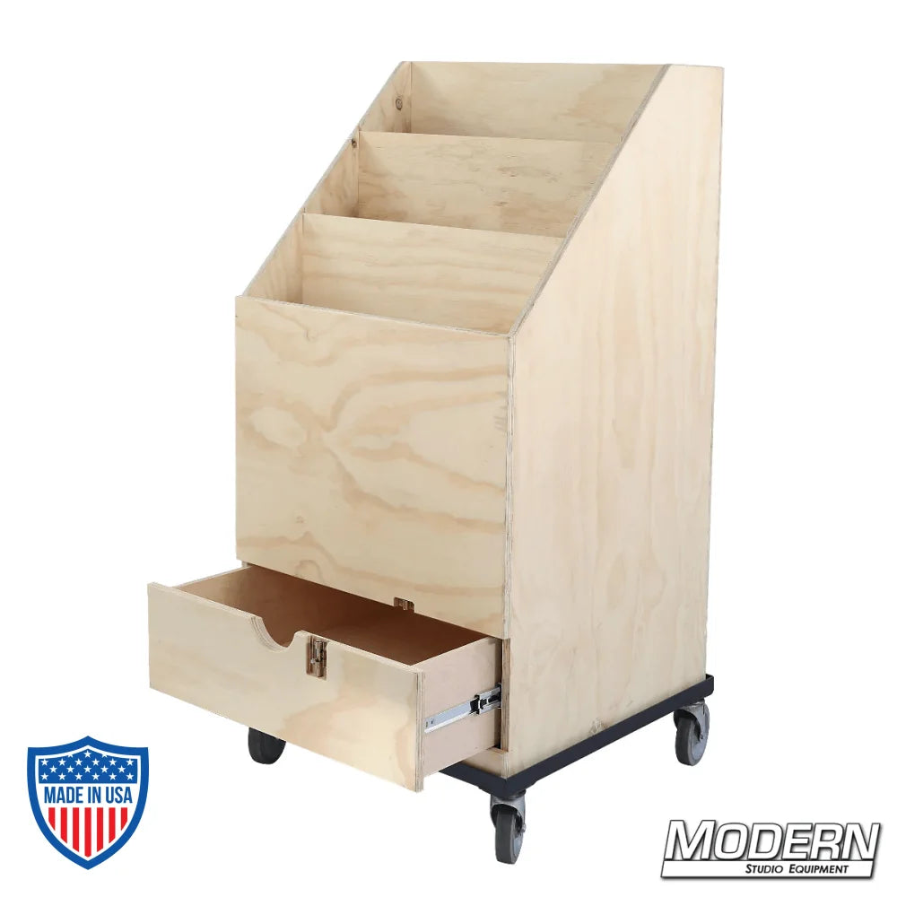 Wooden 3-place scrim and flag box with drawer on casters, designed for film grip and rigging applications.