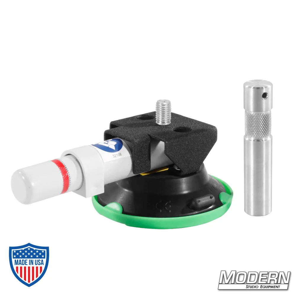 3" vacuum suction cup with 5/8" baby pin and 1/4-20 male thread for film grip rigging, manufactured by Wood's Powr Grip