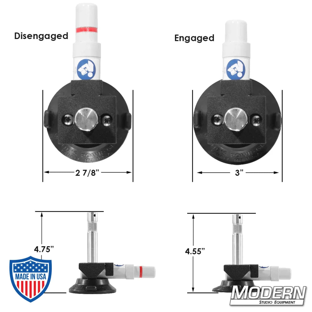 3" Suction Cup with 5/8" Baby Pin and 1/4" thread for film rigging grip by Wood's Powr-Grip, dimensions shown for engaged and disengaged states.