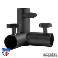 3-Way Pass Through Corner for 1-1/2" Speed-Rail® in black zinc with T-Handles, used in film grip and rigging.