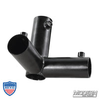 3-Way Pass Through Corner for 1-1/4" Speed-Rail® in black zinc with set screws for film grip and rigging applications.