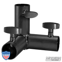 3-Way Pass Through Corner for 1-1/4" Speed-Rail in black zinc with T-Handles for film grip and rigging