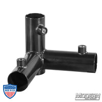 3-Way black zinc pass through corner fitting for 1" Speed-Rail with set screws used in film grip and rigging applications.