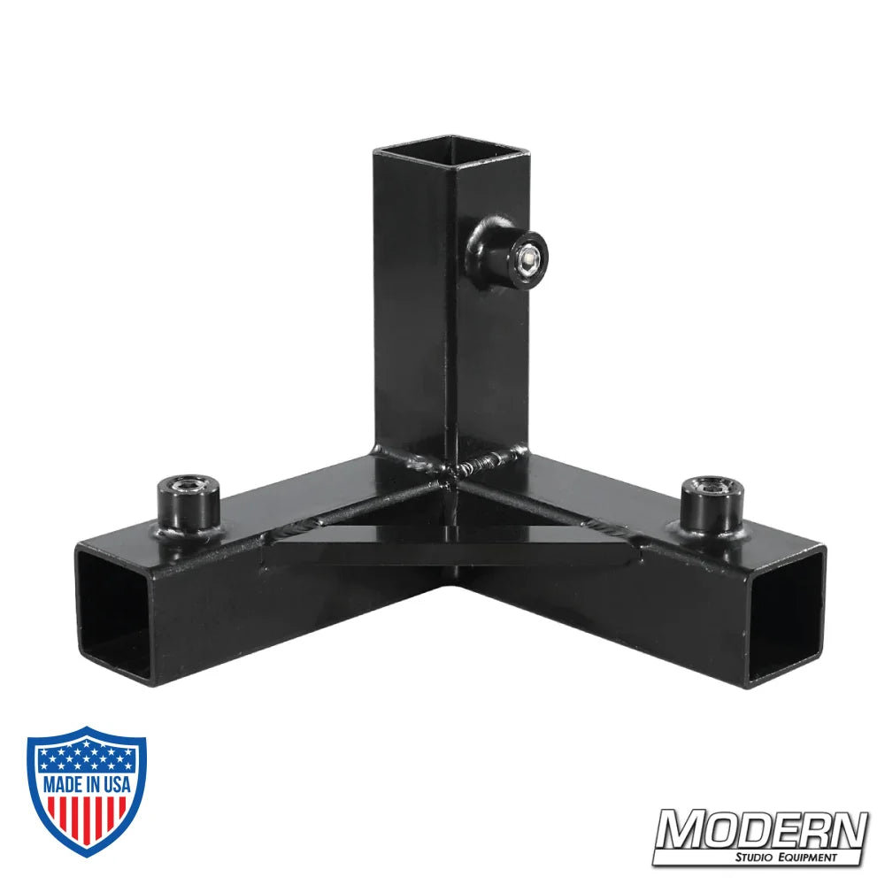 3-way pass through corner for 1" square tube, black zinc with set screws, ideal for film grip and rigging.