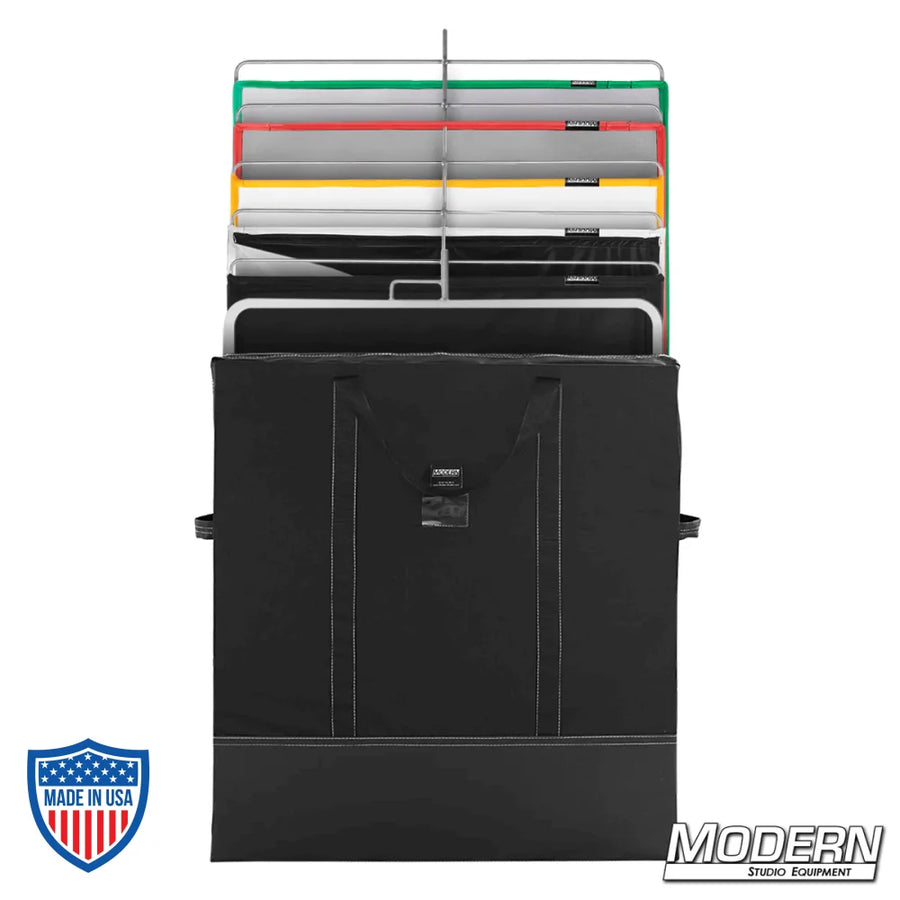 36" x 36" On The Go Scrim Set with bag, gels, flags, and floppies in black, white, green, red, and yellow for film grip and rigging.