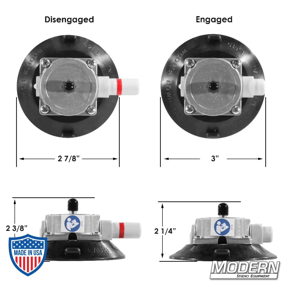 4-1/2" suction cup with 3/8" male thread by Wood's Powr Grip in disengaged and engaged positions for film grip and rigging