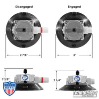 4-1/2" suction cup with 3/8" male thread by Wood's Powr Grip in disengaged and engaged positions for film grip and rigging