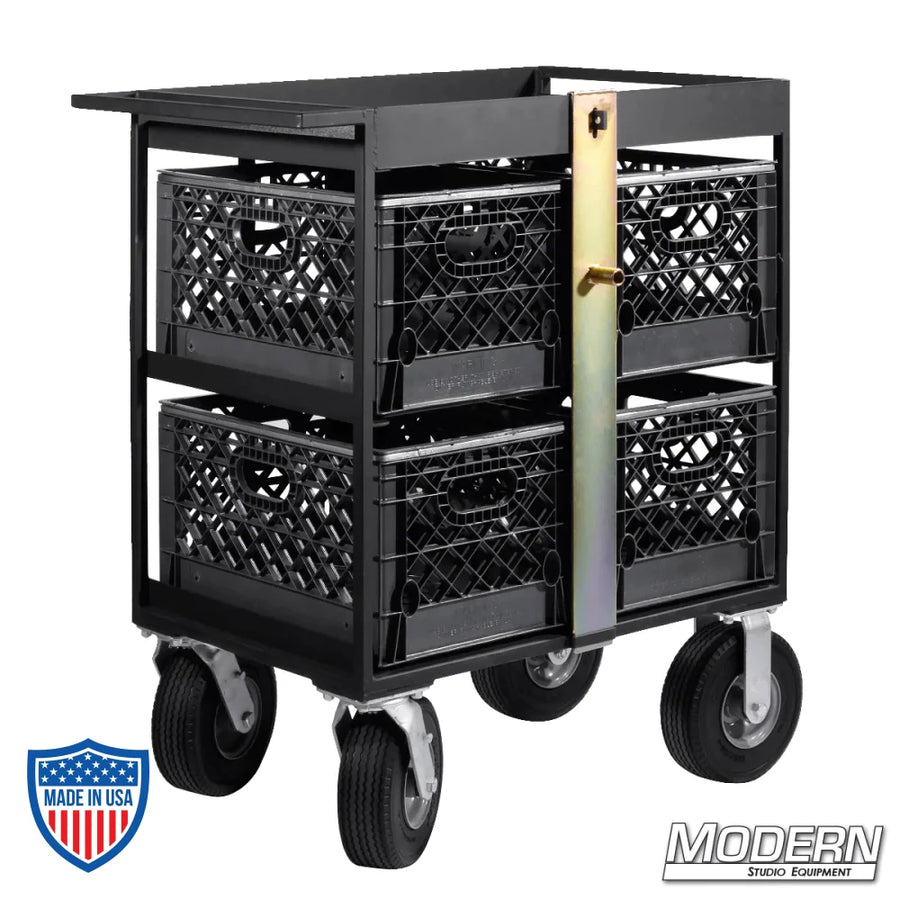 Steel 4 Place Milk Crate Cart with foam-filled wheels and locking bar for film grip rigging