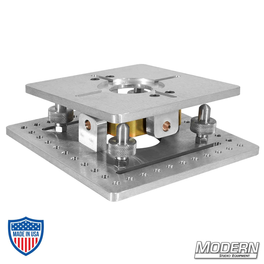 4-Way Mitchell Leveling Camera Mount, 12"x12" base, 10"x10" top plate, 6061 aluminum, ideal for film grip and rigging.