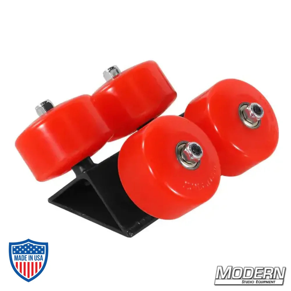 4 Wheels Per Corner Speed-Rail® Slider Wheel Assembly for film grip rigging with red wheels and black skate brackets