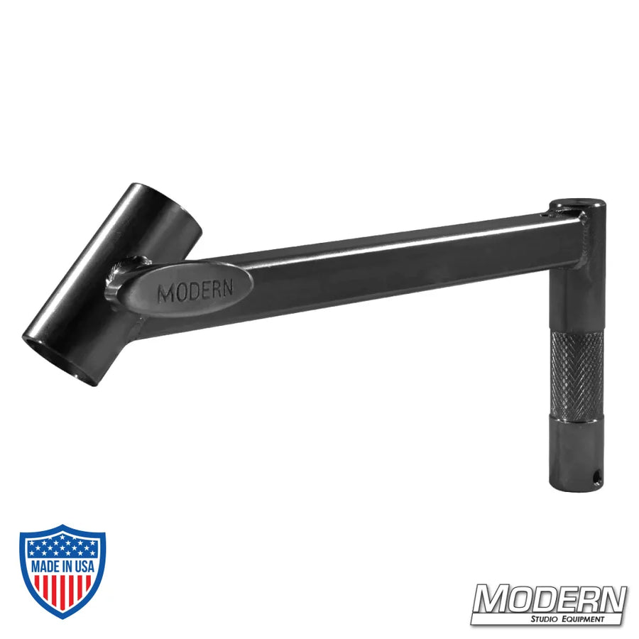 45° Junior Drop-Down in black zinc finish for film rigging equipment, featuring a 1-1/8" male pin welded to a 45° female receiver.