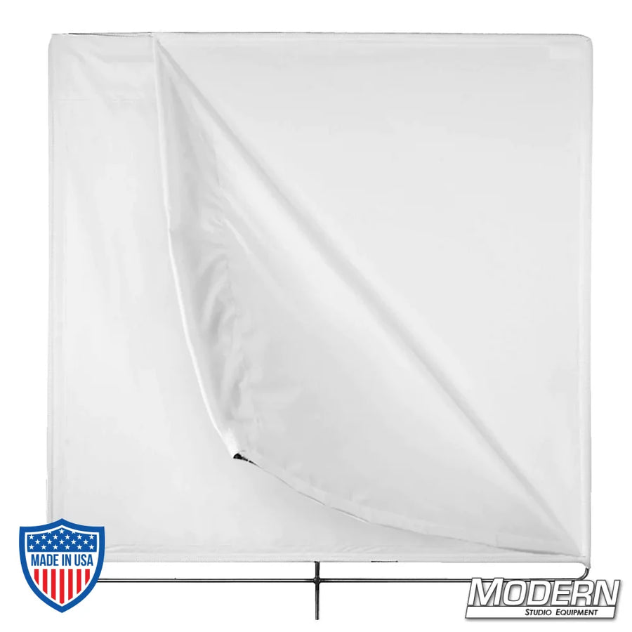 48" x 48" bleached muslin floppy on stainless steel frame for film and rigging use, opens to 48" x 96" for light diffusion