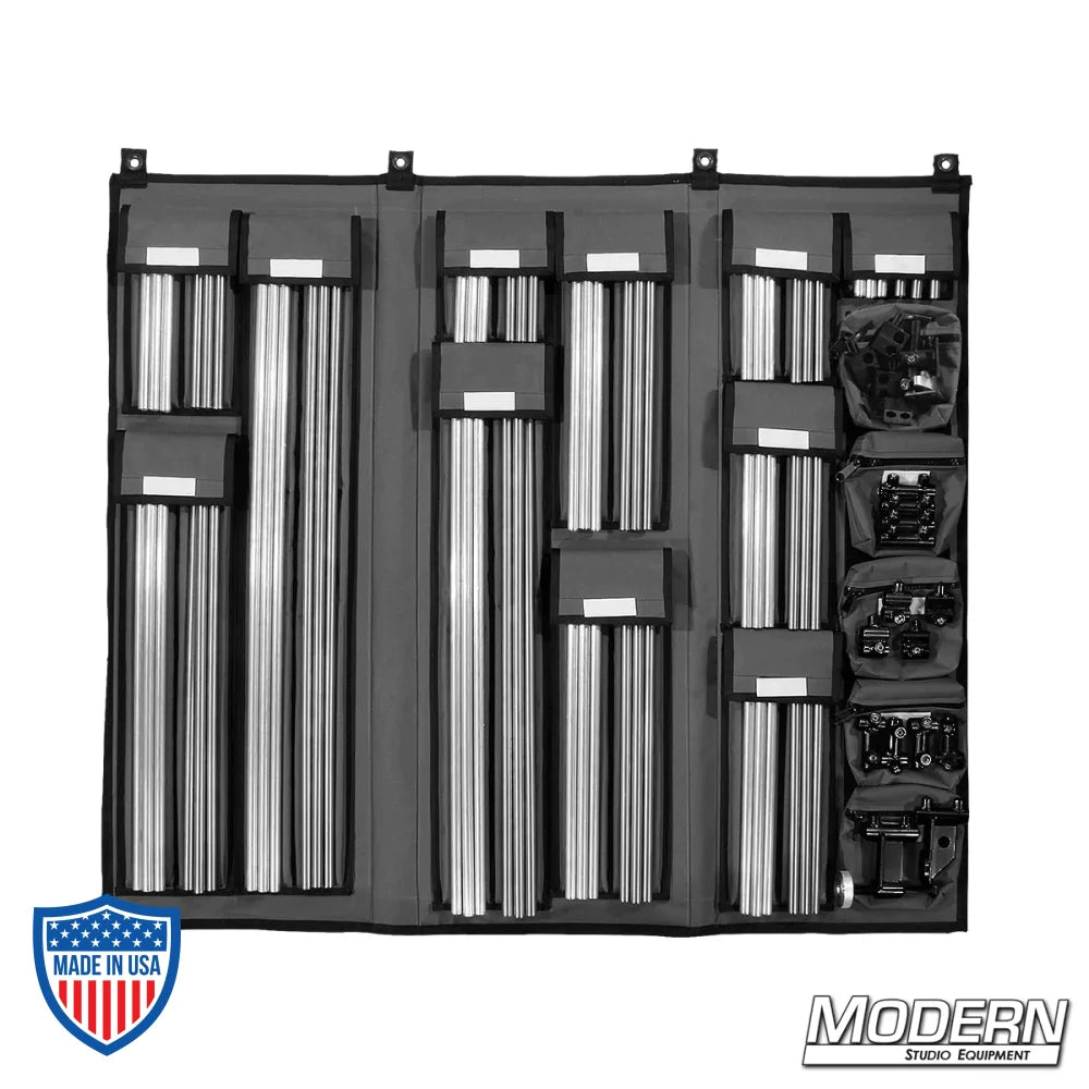 5/8" On The Go Kit - Black Zinc with aluminum and stainless steel rods neatly organized for film grip rigging in a carrying case.