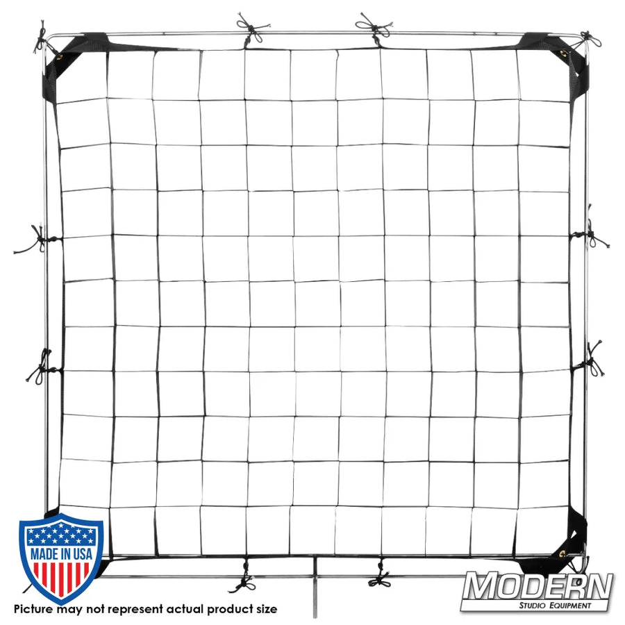 Fabric egg crate with webbing, grommets, ties, and elastic on corners for film grip and rigging, shown without frame