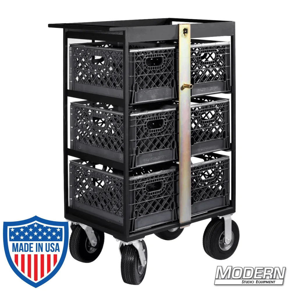 Steel 6 Place Milk Crate Cart with locking bar and six crates, featuring four foam-filled wheels for easy mobility, ideal for film grip rigging