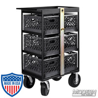 Steel 6 Place Milk Crate Cart with locking bar and six crates, featuring four foam-filled wheels for easy mobility, ideal for film grip rigging