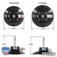 6" suction cup with 5/8" baby pin, 1/4" thread, for film grip rigging by Wood's Powr Grip showing disengaged and engaged states