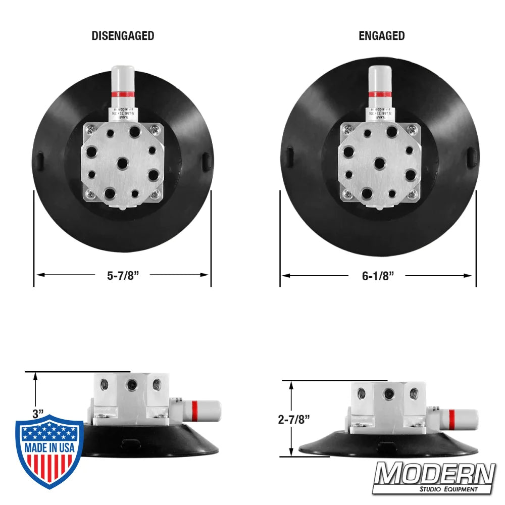 6" suction cup with multi-thread block in disengaged and engaged positions for film grip rigging solutions.