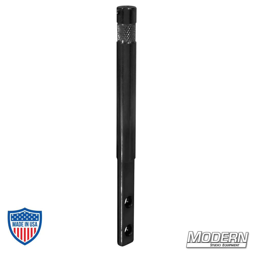 Black zinc 8" cheese plate adapter with flat plate, 3/8" holes, and 5/8" baby pin for film grip rigging