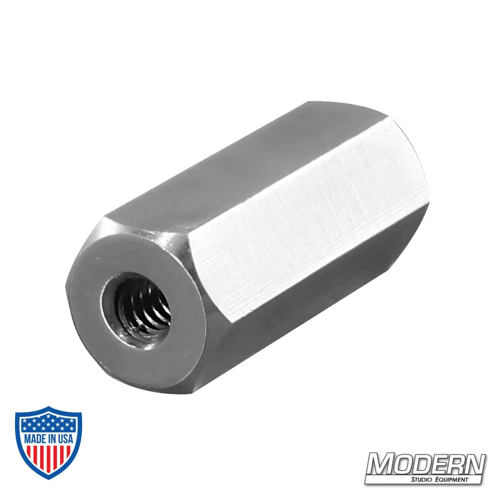 Aluminum adapter with 1/4" female thread to 3/8" female thread for film grip and rigging.