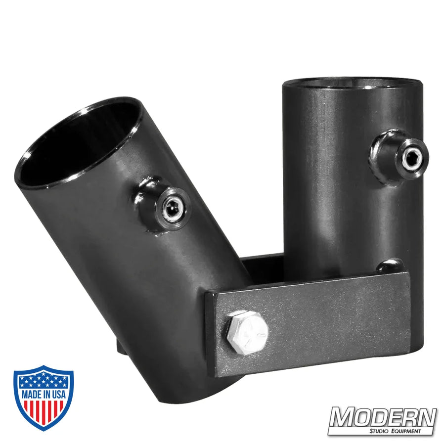 Adjustable angle pipe receiver for 1-1/2" Speed-Rail in black zinc, ideal for film grip and rigging.