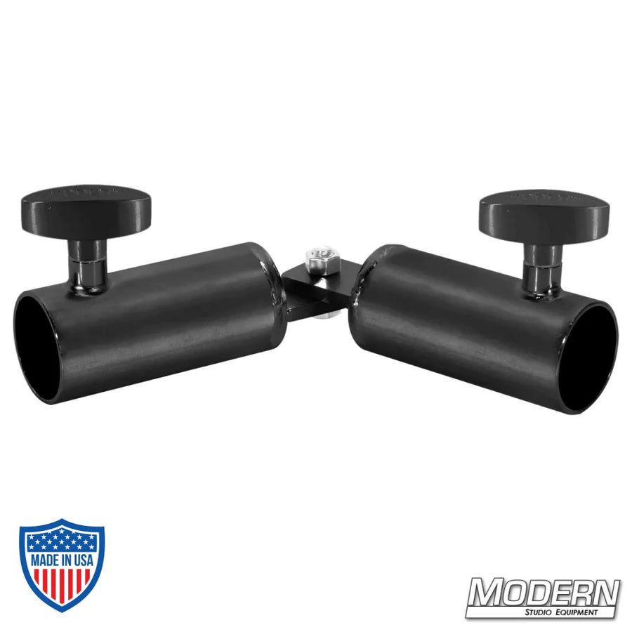 Adjustable Corner for 1-1/4" Speed-Rail® in black zinc for film grip rigging, with T-handles for creating adjustable angles