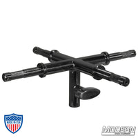 Baby 4-Way Adapter in Black Zinc with four 5/8" receivers for film grip rigging.