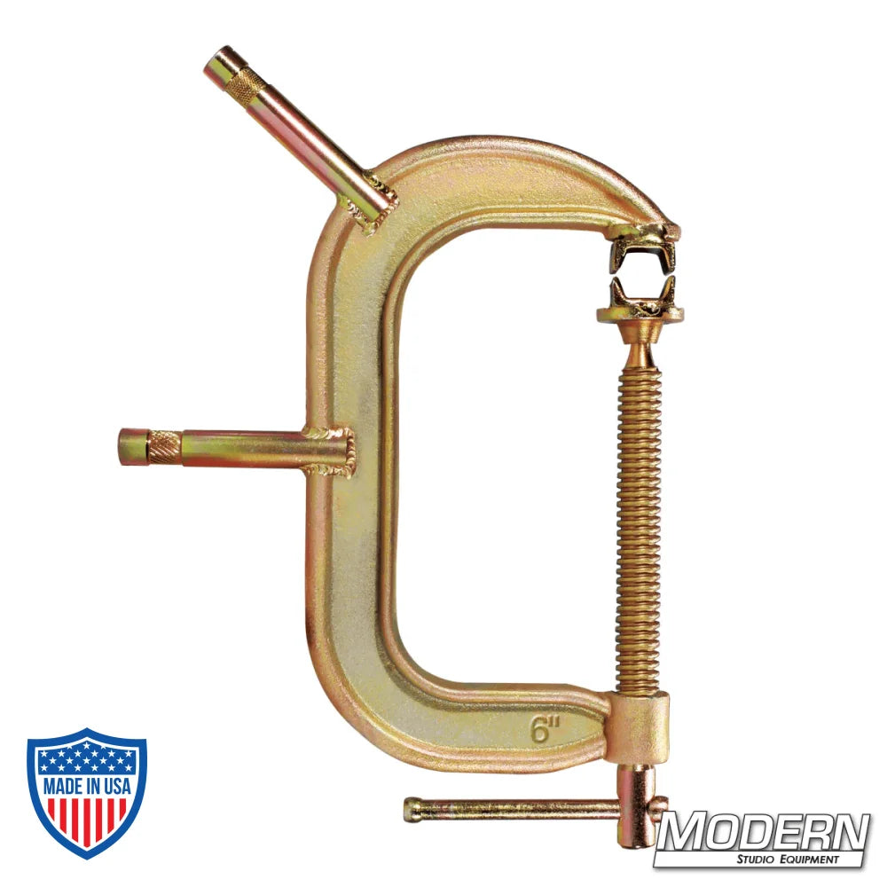 6" forged Baby C-Clamp with two 5/8" baby pins for film grip and rigging tasks.