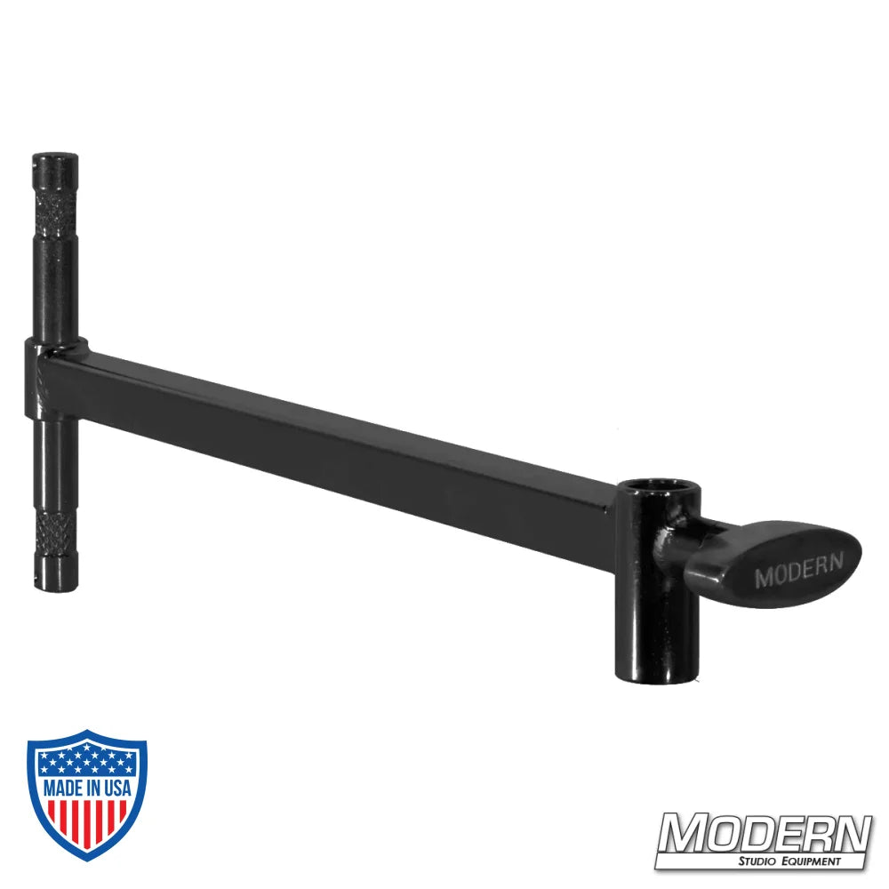Black Zinc Baby Offset Arm with 14" length, featuring a male 5/8" pin and female 5/8" receiver, ideal for film grip and rigging.