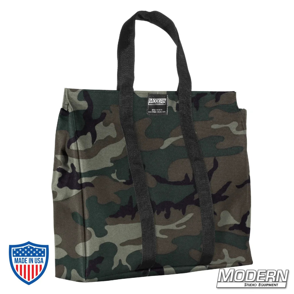 Camouflage Cordura 1000 bag with velcro closure for carrying corners and ears of 20' x 20' Speed-Rail® Frame Complete, ideal for film grip rigging.