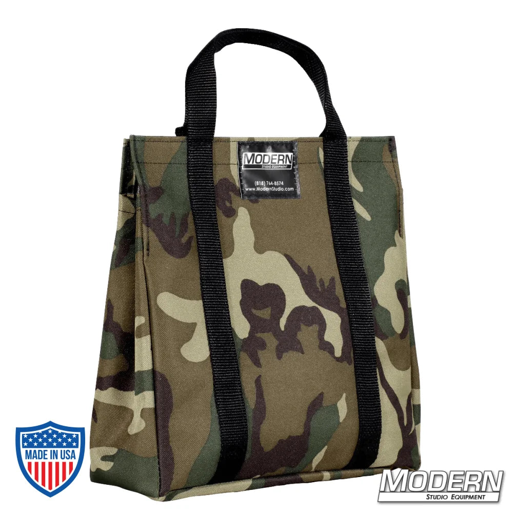 Camouflage Cordura 1000 bag with velcro closure for film grip and rigging equipment, designed for 8'x or 12'x frame corners and ears