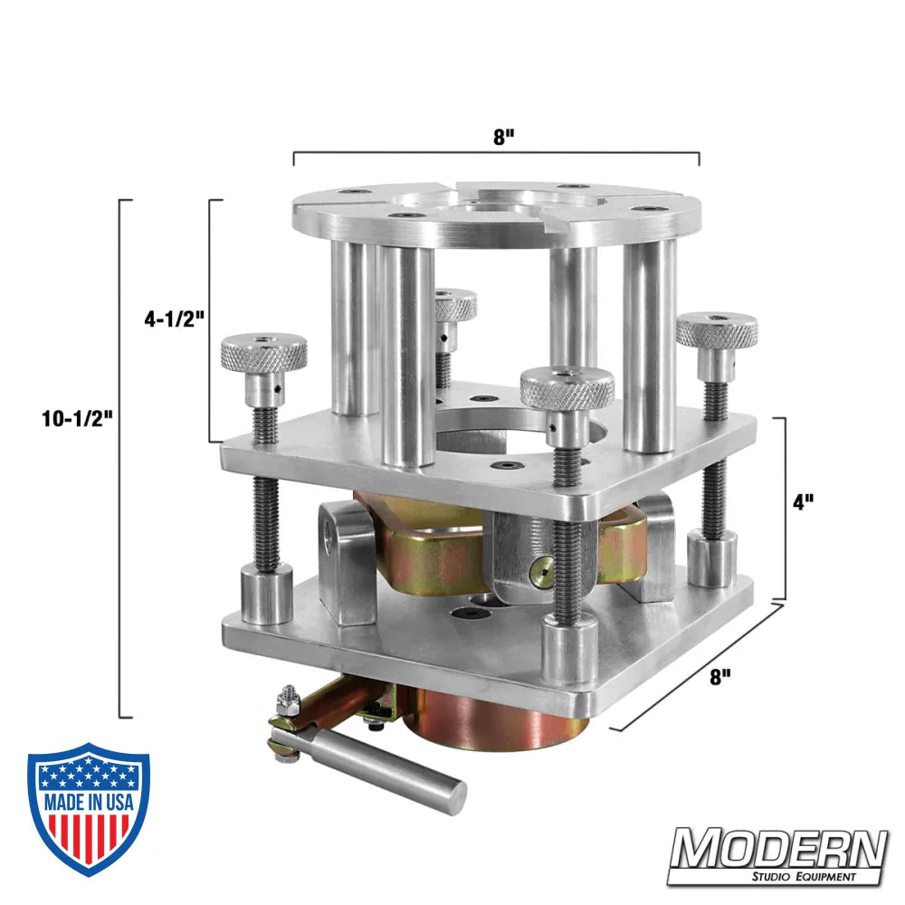 Modern Bazooka 4-Way Leveling Head for film grip and rigging with dimensions indicated: 10-1/2" height, 8" width, 4" depth.