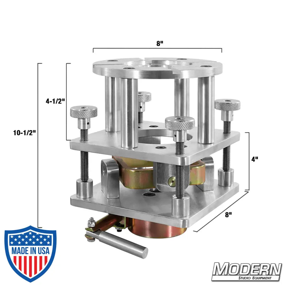 Modern Bazooka 4-Way Leveling Head for film grip and rigging with dimensions indicated: 10-1/2" height, 8" width, 4" depth.