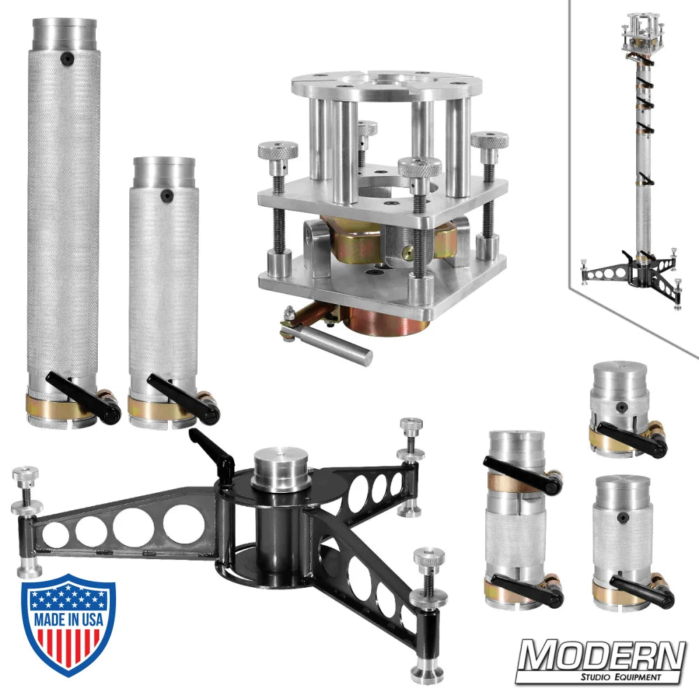 Modern bazooka with 4-way leveling head for film grip and rigging, multiple components displayed.