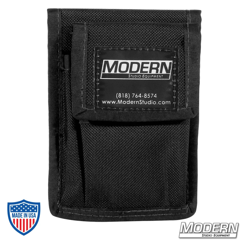 Small black cordura pouch from Modern Studio Equipment for holding a pen and notepad, ideal for film grip and rigging setups.