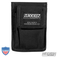 Small black cordura pouch from Modern Studio Equipment for holding a pen and notepad, ideal for film grip and rigging setups.