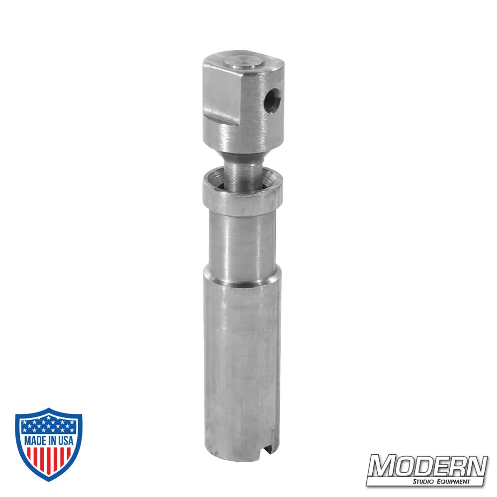 Big Bite Baby Pin for film grip and rigging with stainless steel thread and notches for secure locking mechanism.