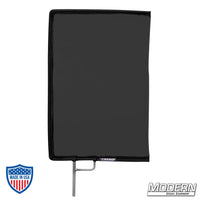 Black Artificial Silk Scrim on a 304 stainless frame for film grip and rigging, diffuses light by 1.8 stops and removes reflectance.