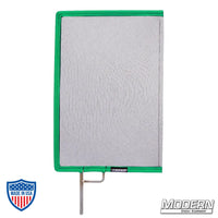 Black Single Scrim with green border, 0.6 stop material for film grip and rigging, reduces light without altering pattern or color temperature.