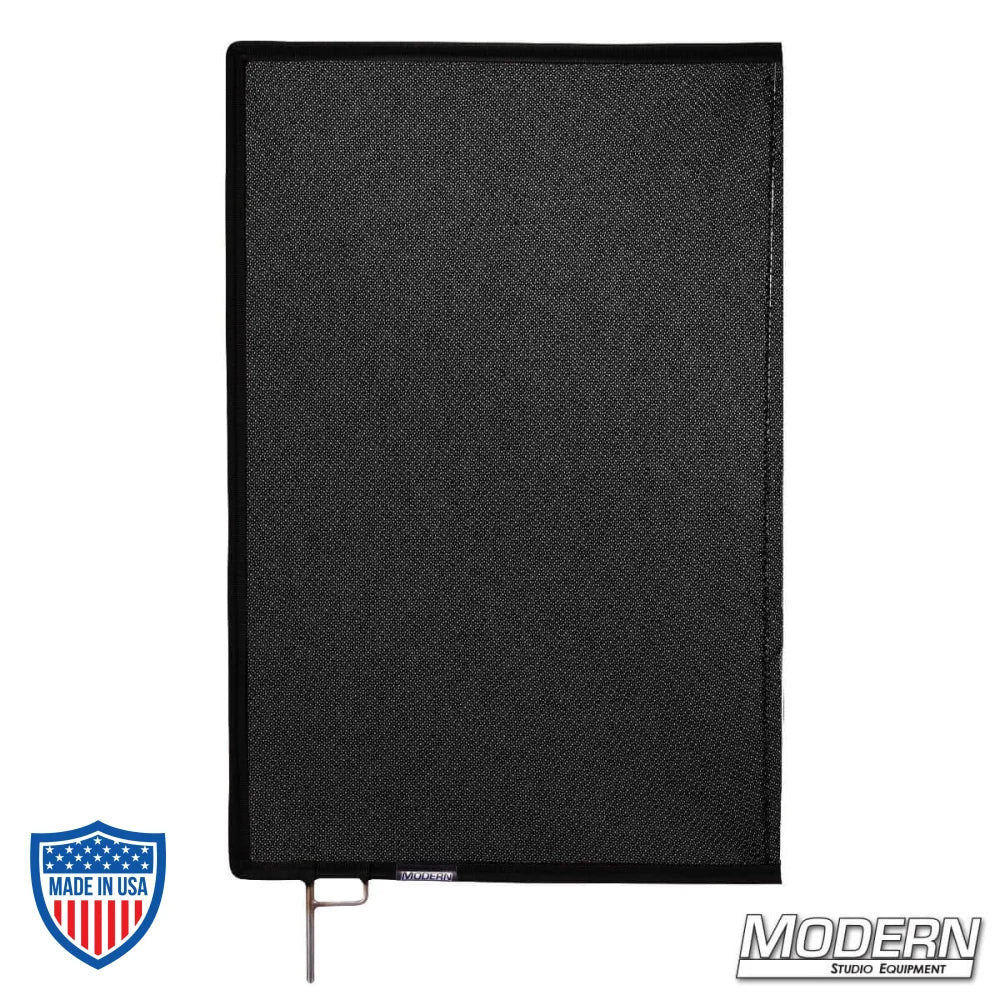 Black Triple Scrim with open end stainless steel frame, ideal for film grip and rigging, reducing light by 1.8 stops without color change.
