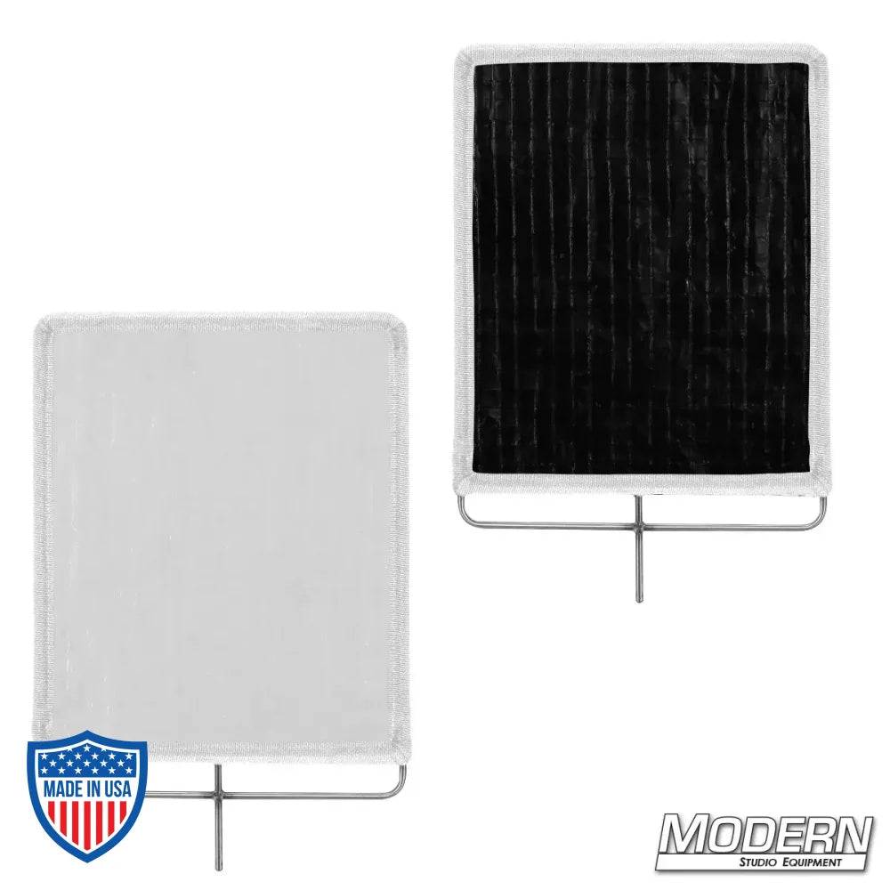 Black/white poly bounce (Griffolyn) on 304 stainless steel frame, shiny white side and black side for film grip rigging, durable outdoor use.