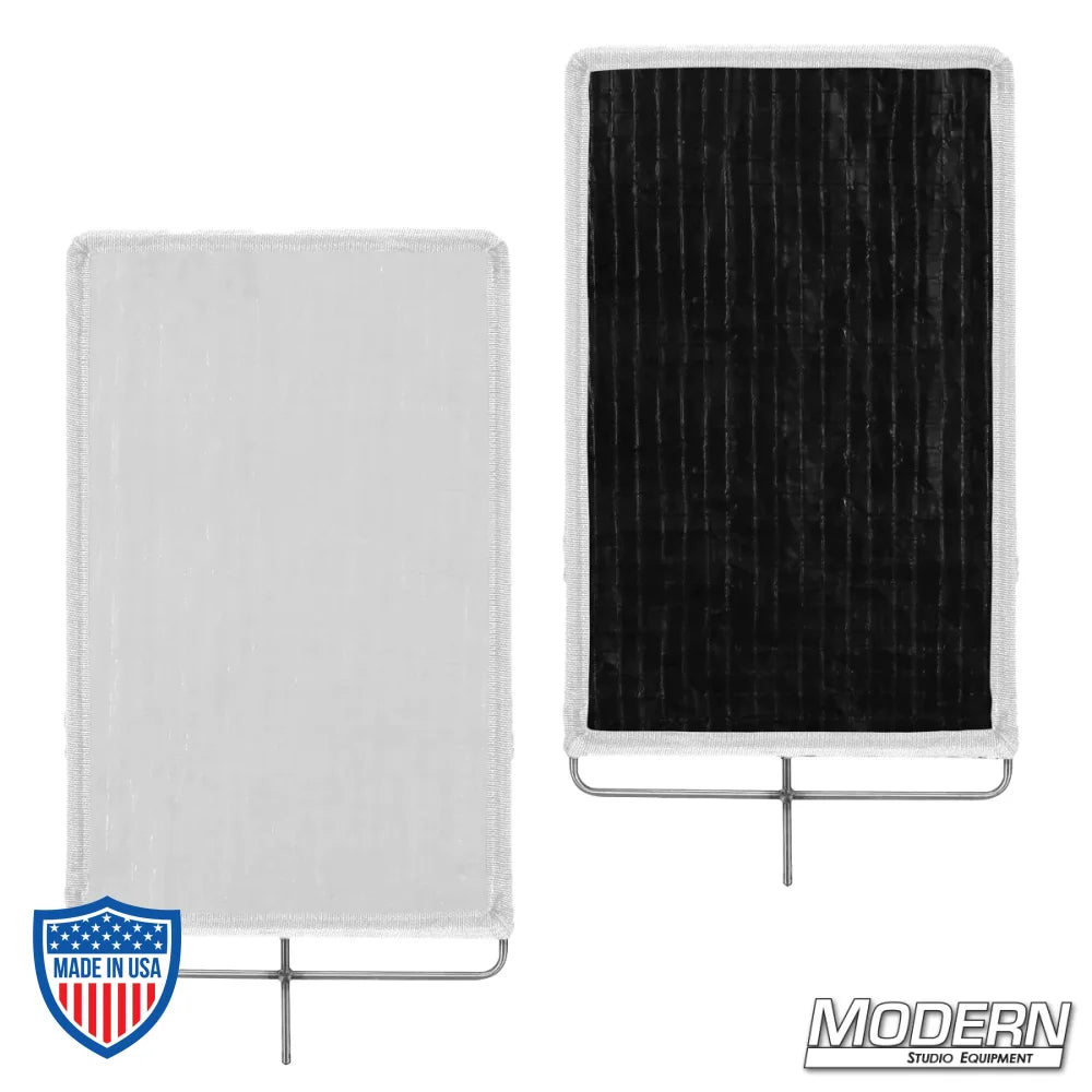 Black/white poly bounce also known as Griffolyn, featuring shiny white and black surfaces on stainless steel frames for film grip and rigging.