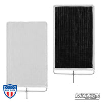 Black/white poly bounce also known as Griffolyn, featuring shiny white and black surfaces on stainless steel frames for film grip and rigging.