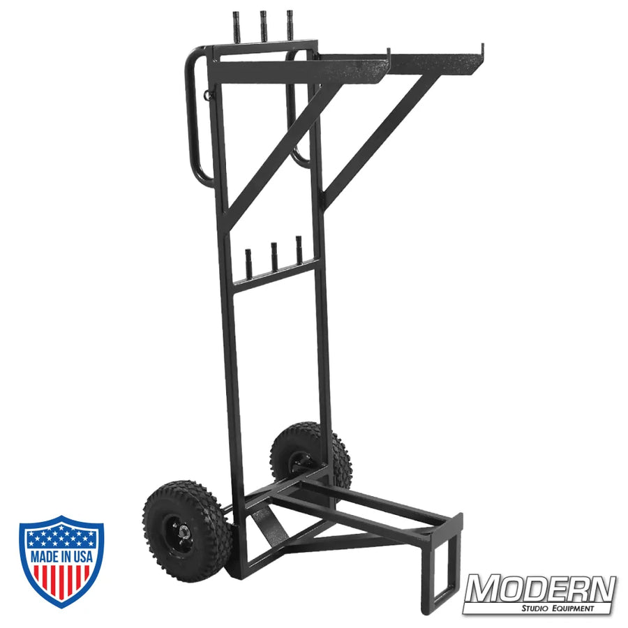 Steel C-Stand Cart for film grip rigging, holds 12" complete c-stands, with 8" carefree casters and additional welded 5/8" baby pins