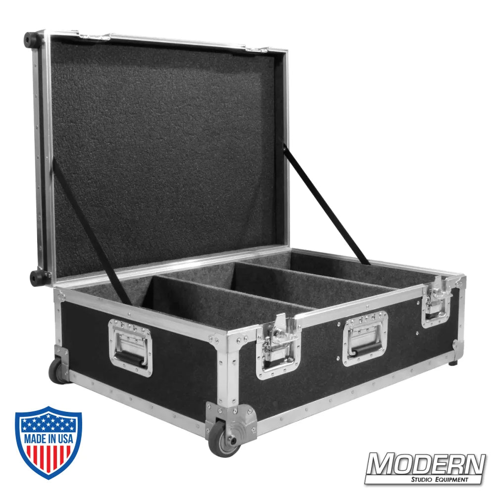 Rolling camera bazooka case for film grip rigging equipment with open lid and dividers, ideal for secure transportation.