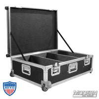 Rolling camera bazooka case for film grip rigging equipment with open lid and dividers, ideal for secure transportation.